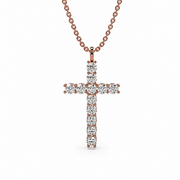Lab diamond cross pendant necklace in 14K rose gold on a matching chain, displayed on a white background.